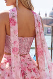 Sparkly Floral Yellow Corset Short A Line Homecoming Dress with Neck Scarf