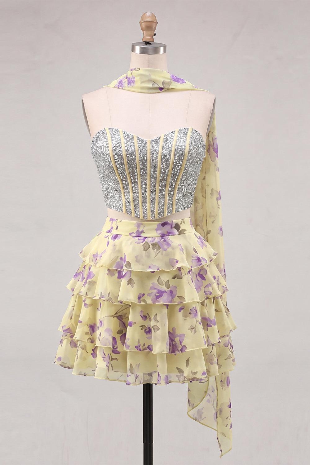 Sparkly Floral Yellow Corset Short A Line Homecoming Dress with Neck Scarf