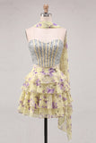 Sparkly Floral Yellow Corset Short A Line Homecoming Dress with Neck Scarf