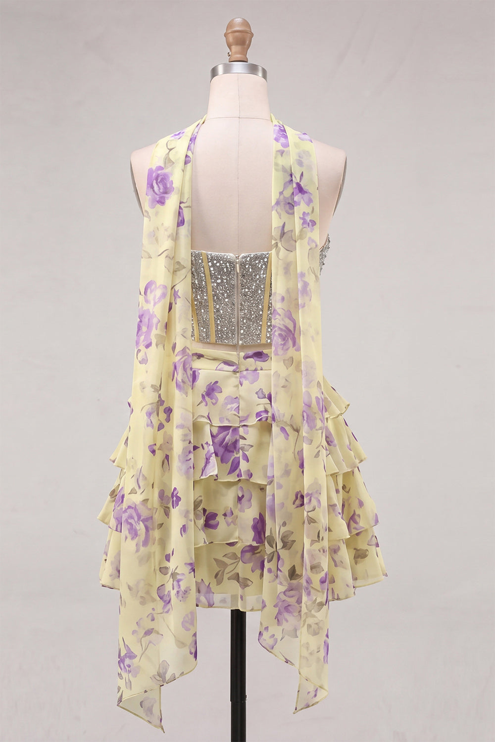 Sparkly Floral Yellow Corset Short A Line Homecoming Dress with Neck Scarf