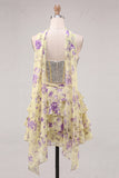 Sparkly Floral Yellow Corset Short A Line Homecoming Dress with Neck Scarf