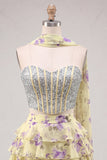 Sparkly Floral Yellow Corset Short A Line Homecoming Dress with Neck Scarf