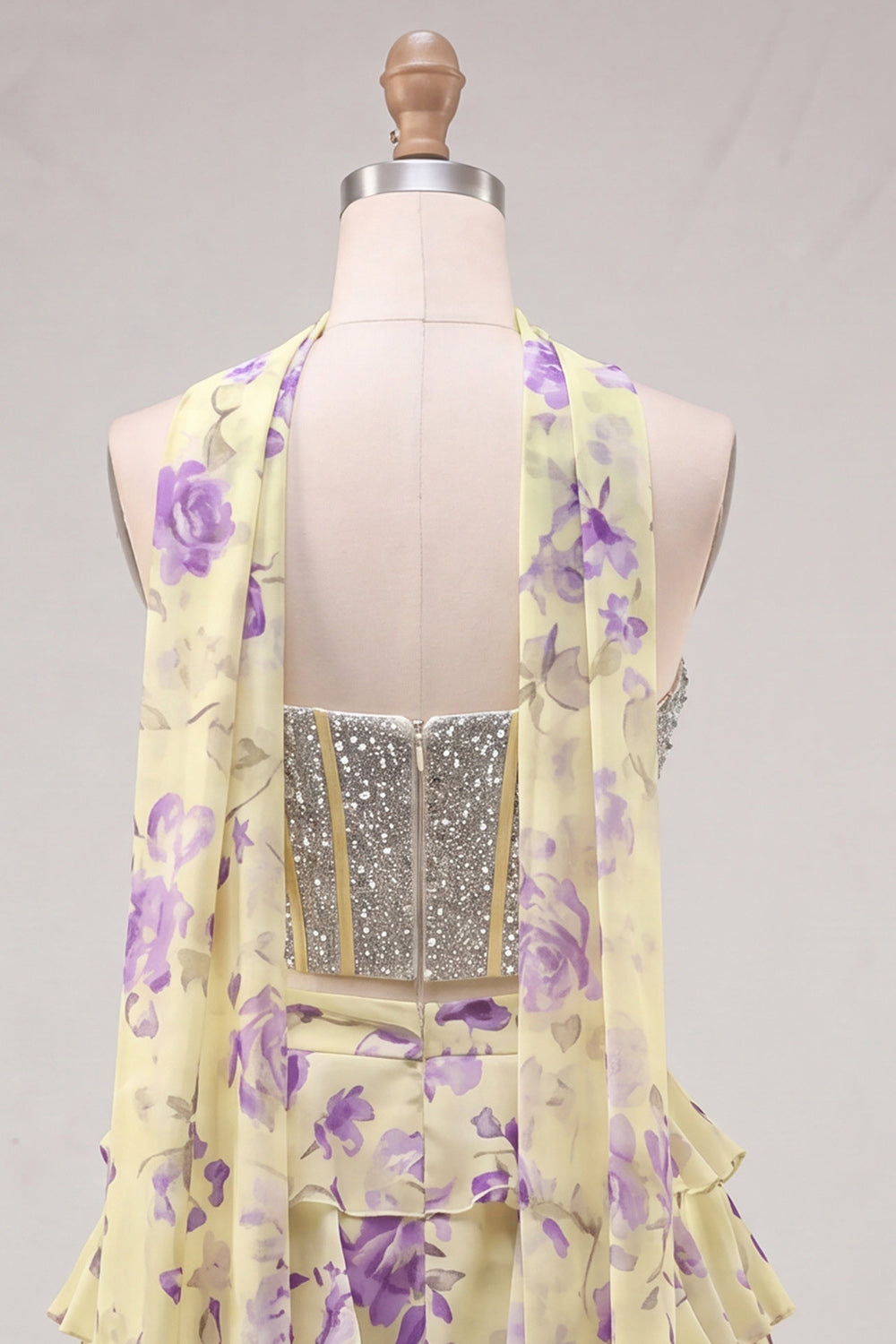 Sparkly Floral Yellow Corset Short A Line Homecoming Dress with Neck Scarf