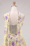 Sparkly Floral Yellow Corset Short A Line Homecoming Dress with Neck Scarf
