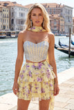 Sparkly Floral Yellow Corset Short A Line Homecoming Dress with Neck Scarf