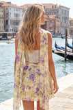 Sparkly Floral Yellow Corset Short A Line Homecoming Dress with Neck Scarf