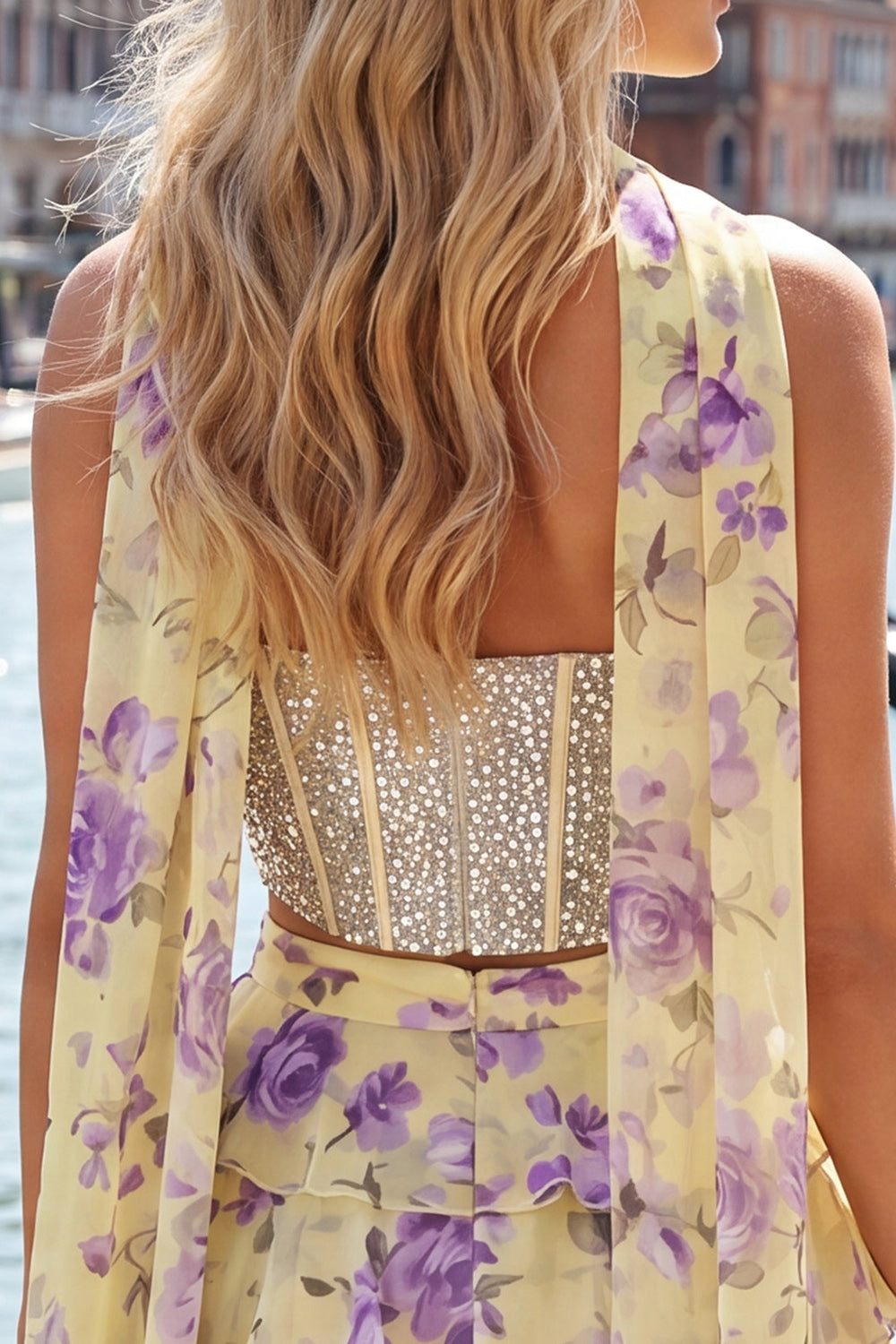 Sparkly Floral Yellow Corset Short A Line Homecoming Dress with Neck Scarf