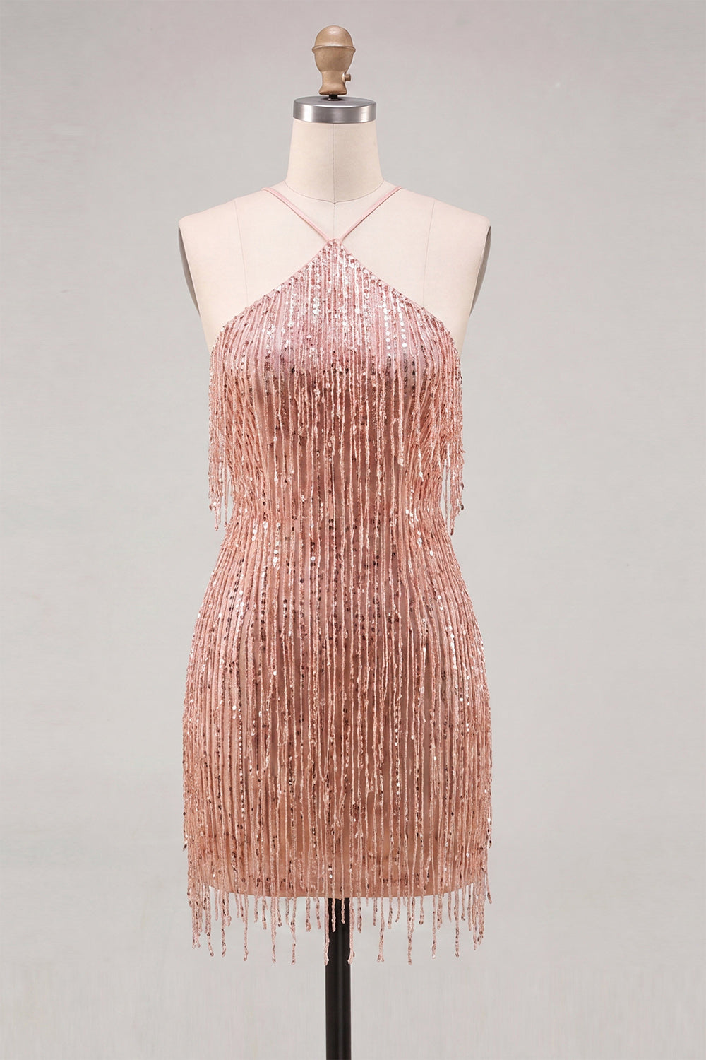 Sparkly Peacock Fringed Halter Tight Short Homecoming Dress
