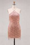 Sparkly Peacock Fringed Halter Tight Short Homecoming Dress