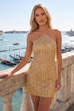 Sparkly Peacock Fringed Halter Tight Short Homecoming Dress