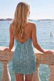Sparkly Peacock Fringed Halter Tight Short Homecoming Dress