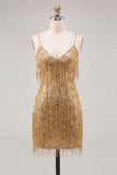 Sparkly Dusty Rose Fringed V-Neck Tight Short Homecoming Dress