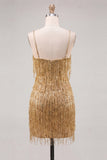 Sparkly Dusty Rose Fringed V-Neck Tight Short Homecoming Dress