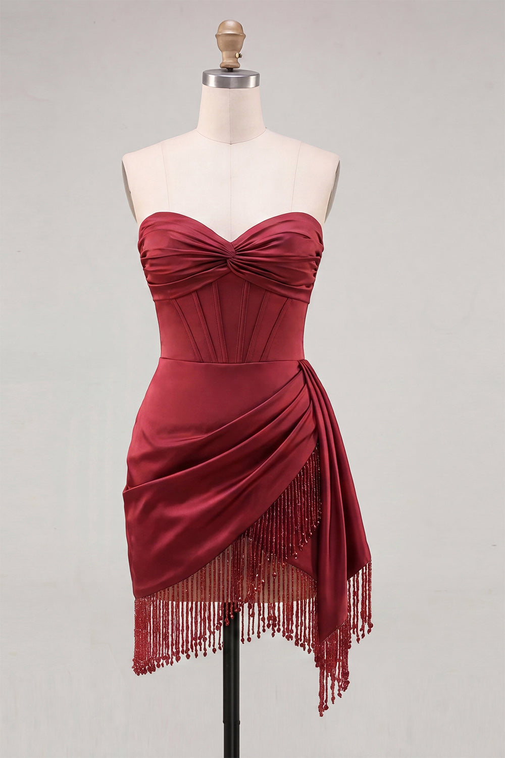 Fuchsia Satin Corset Ruched Short Tight Homecoming Dress with Fringes