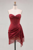 Fuchsia Satin Corset Ruched Short Tight Homecoming Dress with Fringes