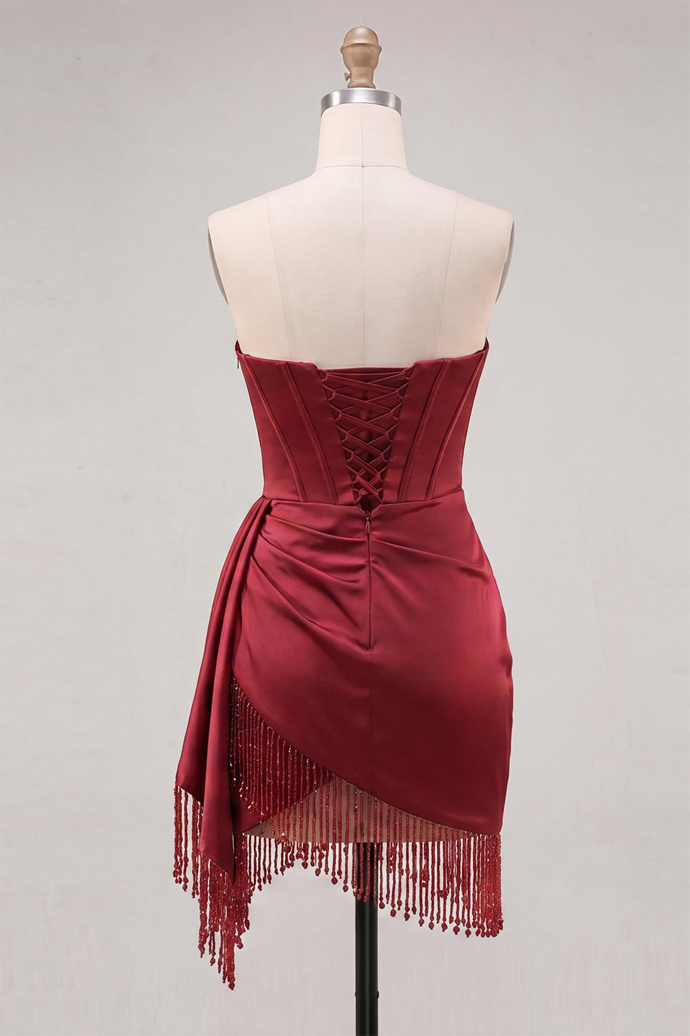 Fuchsia Satin Corset Ruched Short Tight Homecoming Dress with Fringes