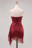 Fuchsia Satin Corset Ruched Short Tight Homecoming Dress with Fringes