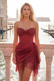 Fuchsia Satin Corset Ruched Short Tight Homecoming Dress with Fringes