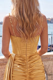Sparkly Gold Satin Fringed Beaded Tight Short Corset Homecoming Dress