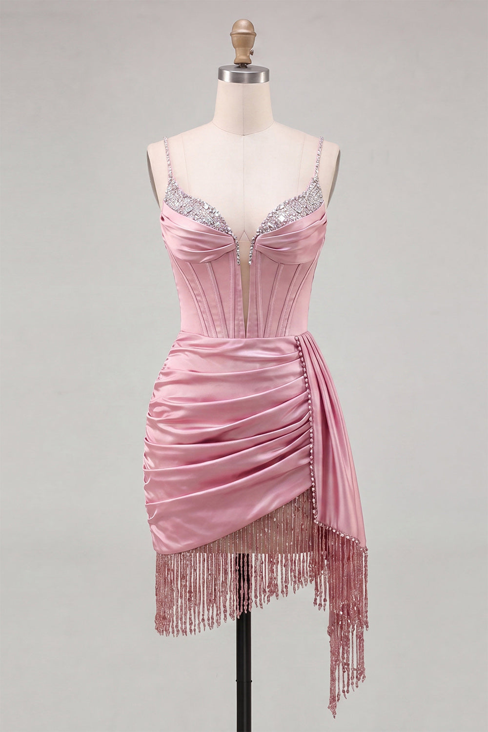 Sparkly Gold Satin Fringed Beaded Tight Short Corset Homecoming Dress