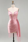 Sparkly Gold Satin Fringed Beaded Tight Short Corset Homecoming Dress