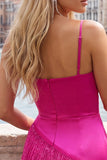 Royal Blue Satin Beaded Tight Short Homecoming Dress with Fringes