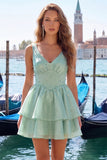 Sage Green V-Neck Beaded Ruffled Short A Line Homecoming Dress
