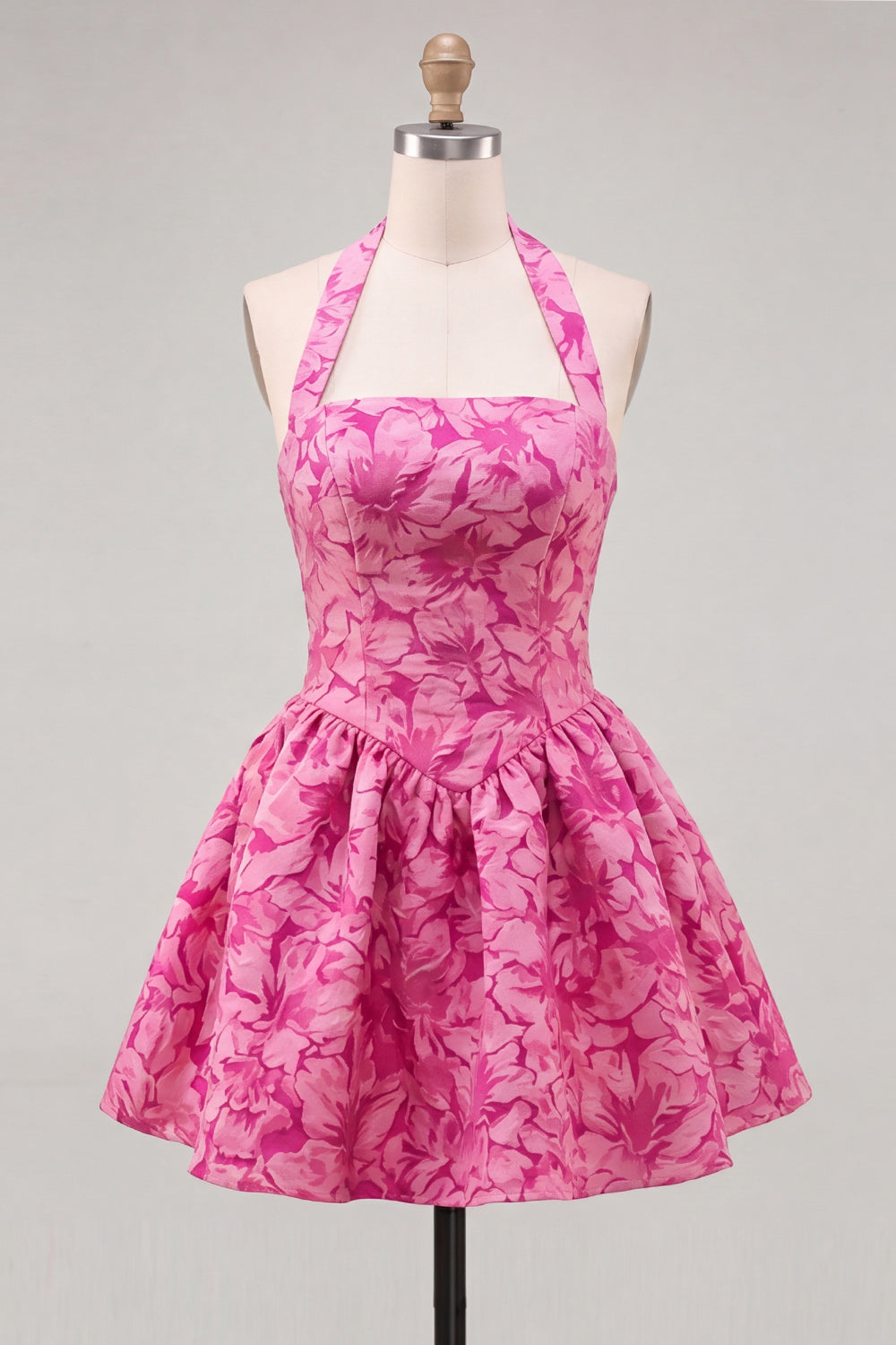 Floral Yellow Jacquard Halter A-Line Short Homecoming Dress