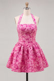 Floral Yellow Jacquard Halter A-Line Short Homecoming Dress