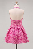 Floral Yellow Jacquard Halter A-Line Short Homecoming Dress