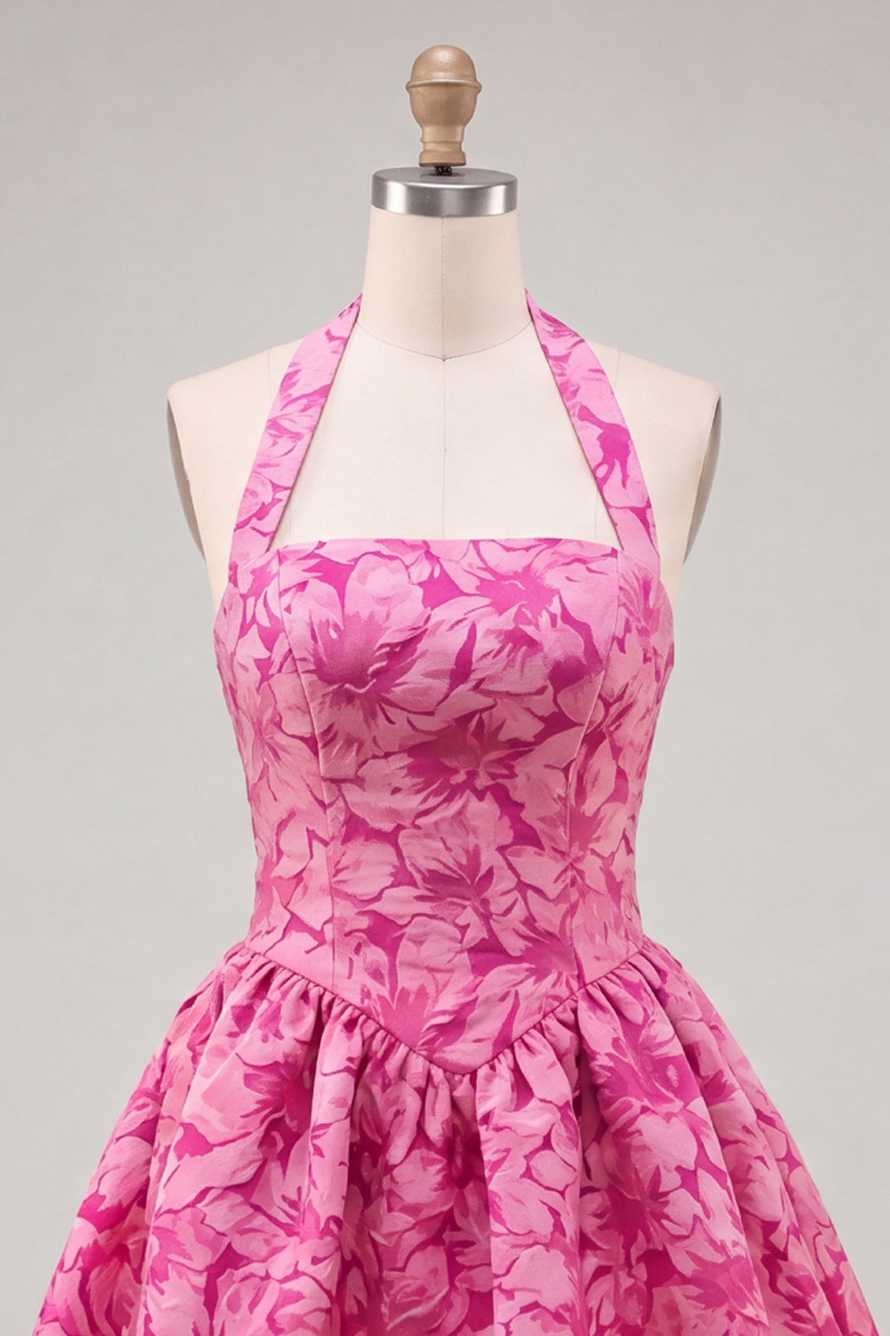 Floral Yellow Jacquard Halter A-Line Short Homecoming Dress
