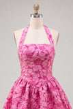 Floral Yellow Jacquard Halter A-Line Short Homecoming Dress