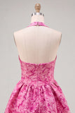 Floral Yellow Jacquard Halter A-Line Short Homecoming Dress