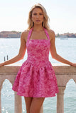 Floral Yellow Jacquard Halter A-Line Short Homecoming Dress