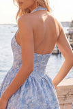 Floral Yellow Jacquard Halter A-Line Short Homecoming Dress