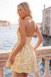 Floral Yellow Jacquard Halter A-Line Short Homecoming Dress