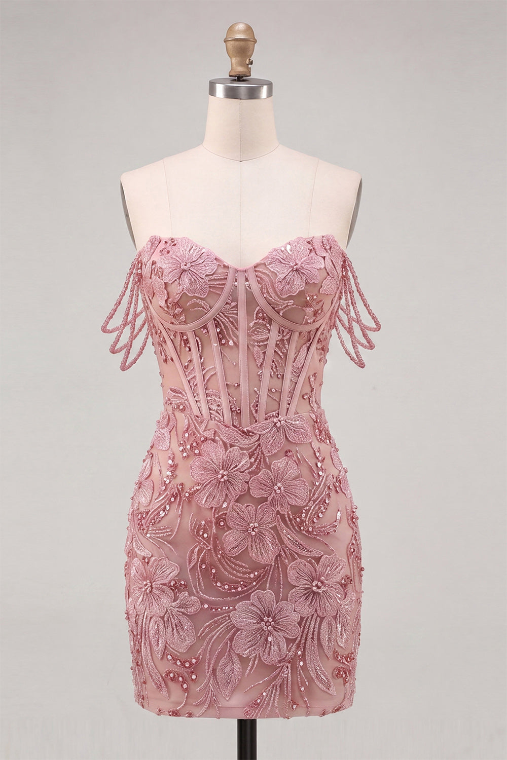 Floral Sage Green Corset Beaded Tight Short Homecoming Dress