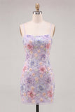 Floral Light Pink Beaded Tight Short Homecoming Dress