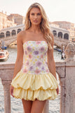 Floral Sky Blue Strapless Tiered A-Line Short Homecoming Dress
