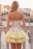 Floral Sky Blue Strapless Tiered A-Line Short Homecoming Dress