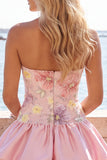 Floral Sky Blue Strapless Tiered A-Line Short Homecoming Dress