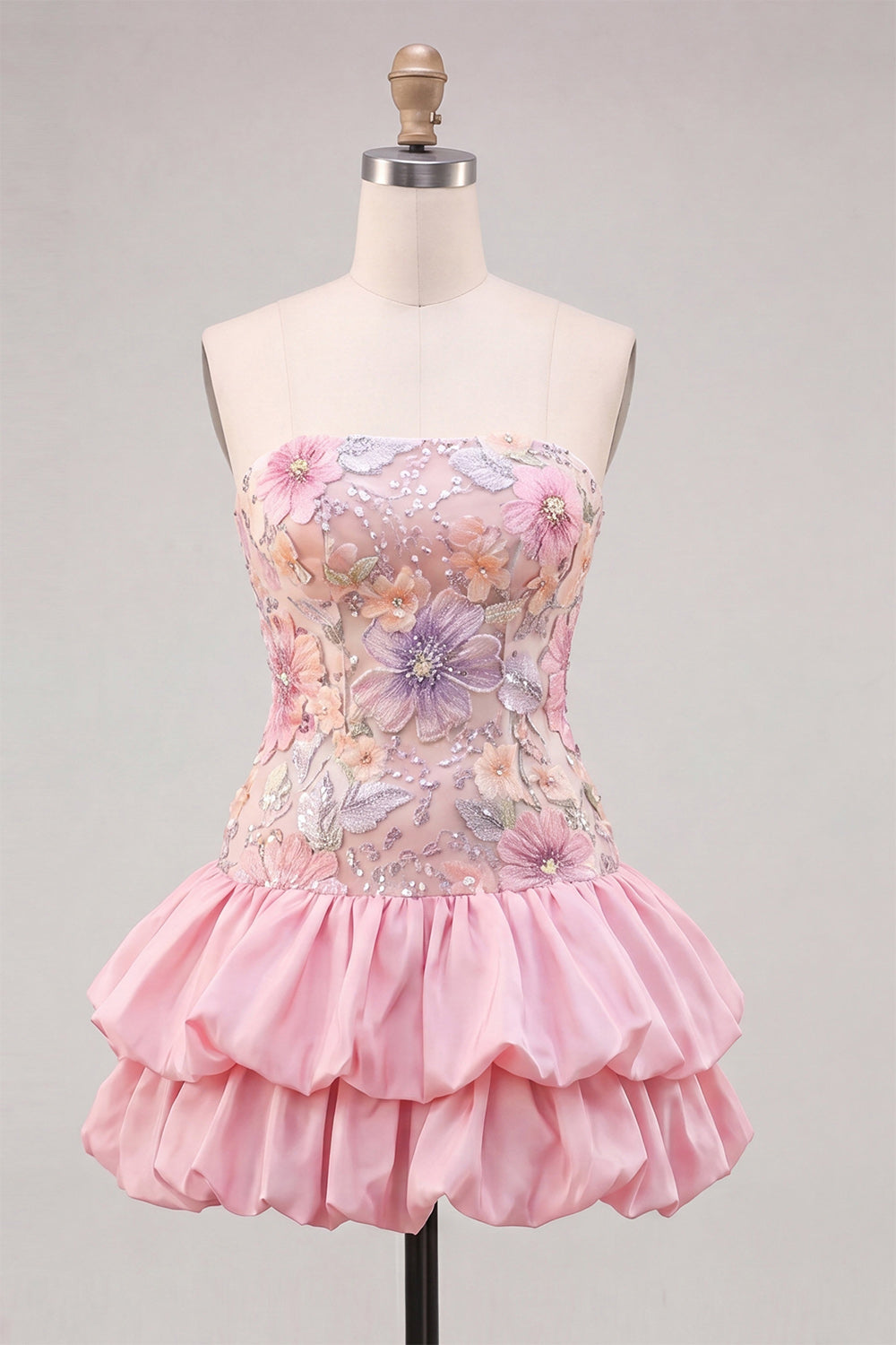 Floral Sky Blue Strapless Tiered A-Line Short Homecoming Dress