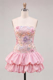 Floral Sky Blue Strapless Tiered A-Line Short Homecoming Dress