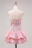 Floral Sky Blue Strapless Tiered A-Line Short Homecoming Dress