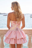 Floral Sky Blue Strapless Tiered A-Line Short Homecoming Dress