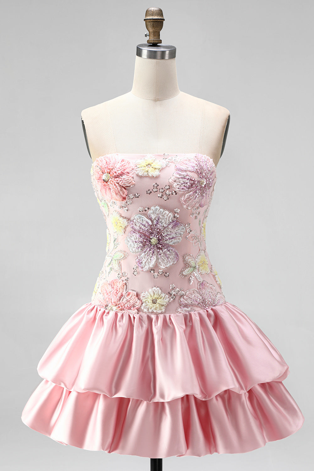 Floral Sky Blue Strapless Tiered A-Line Short Homecoming Dress
