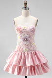 Floral Sky Blue Strapless Tiered A-Line Short Homecoming Dress