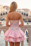 Floral Sky Blue Strapless Tiered A-Line Short Homecoming Dress