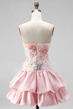 Floral Sky Blue Strapless Tiered A-Line Short Homecoming Dress