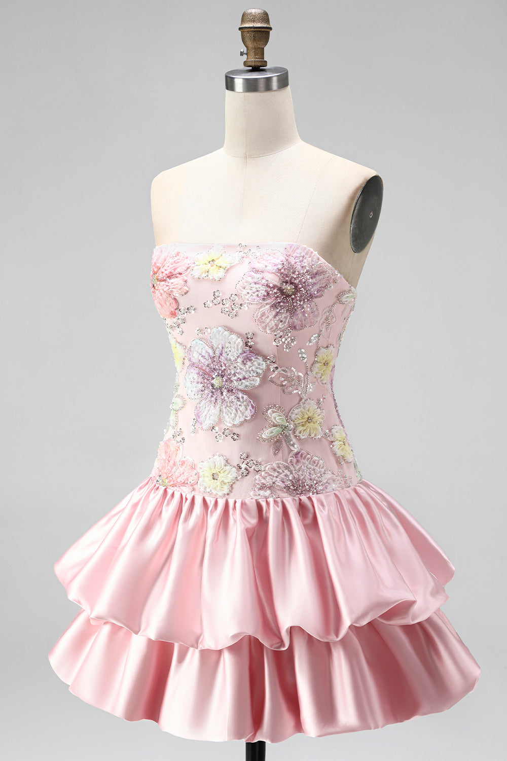 Floral Sky Blue Strapless Tiered A-Line Short Homecoming Dress
